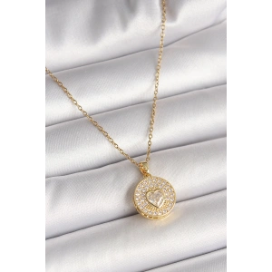 316L Çelik Gold Renk Zincir Madalyon Zirkon Taşlı Kalp Model Kadın Kolye