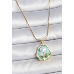 316L Çelik Gold Renk Zincir Mavi Çiçek İşlemeli İnci İşlemeli Portre Model Kadın Kolye