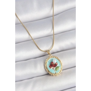 316L Çelik Gold Renk Zincir Turkuaz Mineli İncili Çiçek İşlemeli Portre Model Kadın Kolye