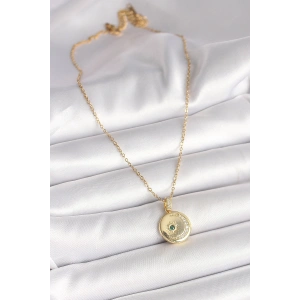 316L Çelik Gold Renk Zincir Zirkon Taş İşlemeli Hilal Yıldız İşlemeli Madalyon Model Kadın Kolye