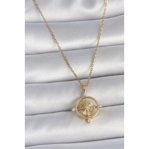 316L Çelik Gold Renk Zincir Zirkon Taşlı Pusula Model Kadın Kolye