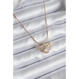 316L Çelik Gold Renk Zirkon Taşlı Boynuz Model Kadın Kolye