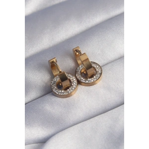 316L Çelik Gold Renk Zirkon Taşlı İç İçe Geçmeli Oval Küpe