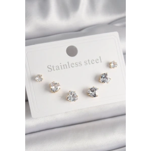 316L Çelik Gold Renk Zirkon Taşlı Kalp Model Kadın Küpe Seti