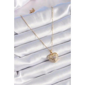 316L Çelik Gold Renk Zirkon Taşlı Kalp Model Vintage Kadın Kolye