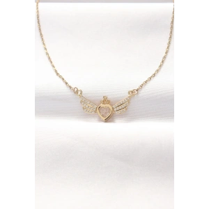 316L Çelik Gold Renk Zirkon Taşlı Kalpli Kanat Kolye