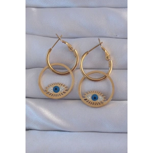 316L Çelik Gold Renk Zirkon Taşlı Mavi Göz Tasarımlı Halka Küpe