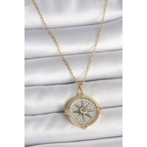 316L Çelik Gold Renk Zirkon Taşlı Pusula Model Kadın Kolye