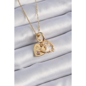 316L Çelik Gold Renk Zirkon Taşlı Sonsuzluk Kalp Figür Charm Model Kadın Kolye