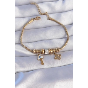 316L Çelik Gold Renk Zirkon Taşlı Yonca Detay Nazarlı Anahtar Tasarımlı Bileklik