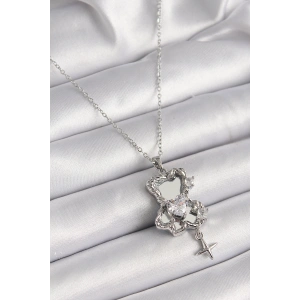 316L Çelik Gümüş Renk Ayna Ayıcık Model Zirkon Taşlı Kalp Detay Kadın Kolye