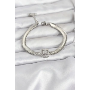316L Çelik Gümüş Renk Baget Zirkon Taşlı Yılan Zincirli Kadın Bileklik