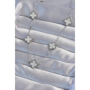 316L Çelik Gümüş Renk Beyaz Sedefli Yonca Kolye