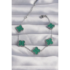 316L Çelik Gümüş Renk Çizgili Yeşil Mineli Yonca Bileklik