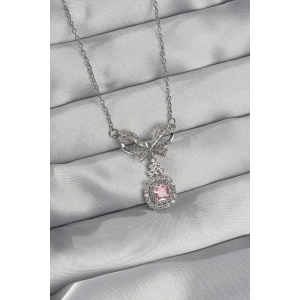 316L Çelik Gümüş Renk Fiyonk Detay Pembe Zirkon Taşlı Tektaş Kolye
