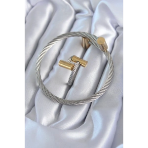 316L Çelik Gümüş Renk Gold Detay Sarmal Model Erkek Bileklik Yüzük Kombini