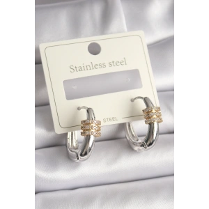 316L Çelik Gümüş Renk Halka Zirkon Gold Zirkon Taşlı Kadın Küpe