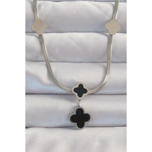 316L Çelik Gümüş Renk İtalyan Zincirli Mineli Yonca Kolye