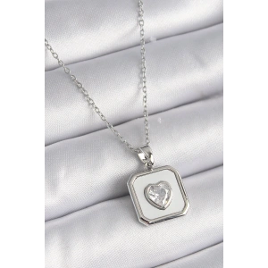 316L Çelik Gümüş Renk Kare Madalyon Kalp Zirkon Taş İşleme Kadın Kolye