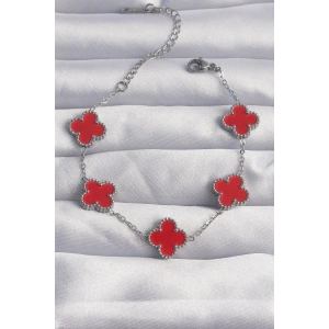 316L Çelik Gümüş Renk Kırmızı Mineli Yonca Bileklik