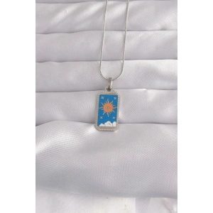 316L Çelik Gümüş Renk Mavi Mineli Güneş Model Tarot Kolye