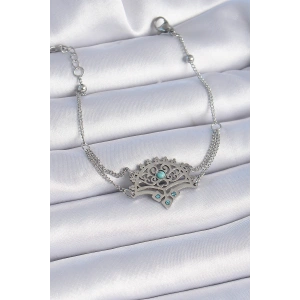 316L Çelik Gümüş Renk Mavi Taşlı Etnik Desen Kadın Bileklik