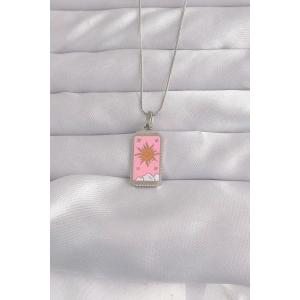 316L Çelik Gümüş Renk Pembe Mineli Güneş Model Tarot Kolye