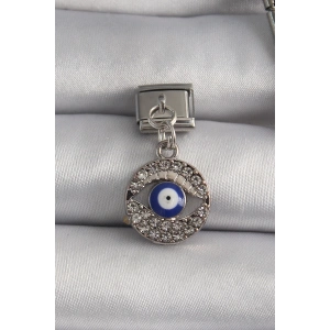 316L Çelik Gümüş Renk Sallantı Zirkon Taşlı Göz Model Nazar Boncuk Detay Nomination Charm