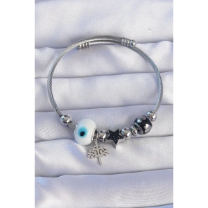 316L Çelik Gümüş Renk Siyah Zirkon Taşlı Yıldız Tasarımlı Ağaç Detay Nazarlı Charm Bileklik