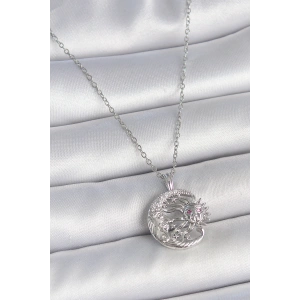 316L Çelik Gümüş Renk Zincir Ay Güneş Model Zirkon Taş Detay Kadın Kolye