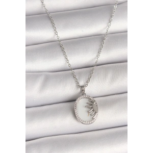 316L Çelik Gümüş Renk Zincir Beyaz Mineli Gün Batımı Model Zirkon Taş Detaylı Kadın Kolye