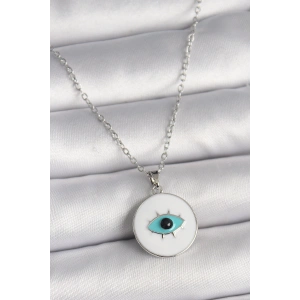 316L Çelik Gümüş Renk Zincir Beyaz Mineli Turkuaz Göz İşleme Model Kadın Kolye