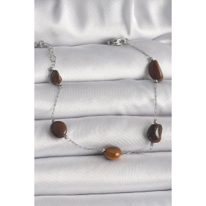 316L Çelik Gümüş Renk Zincir Kahverengi Doğaltaş Model Kadın Bileklik