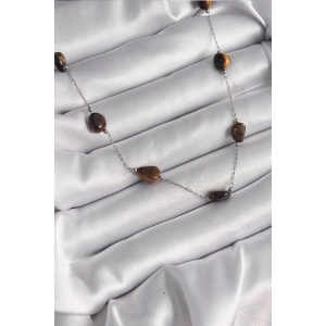 316L Çelik Gümüş Renk Zincir Kahverengi Doğaltaş Model Kadın Kolye