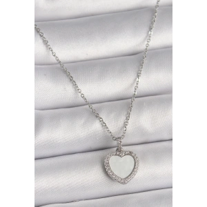 316L Çelik Gümüş Renk Zincir Zirkon Taşlı Beyaz Mineli Kalp Model Kadın Kolye