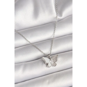 316L Çelik Gümüş Renk Zincir Zirkon Taşlı Beyaz Mineli Kelebek Model Kadın Kolye