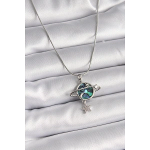 316L Çelik Gümüş Renk Zincir Zirkon Taşlı Gezegen Model Kadın Kolye