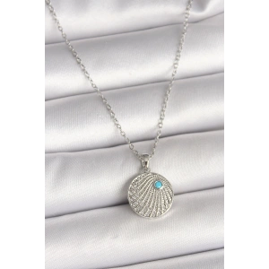 316L Çelik Gümüş Renk Zincir Zirkon Taşlı Mavi Taş Detaylı Madalyon Model Kadın Kolye