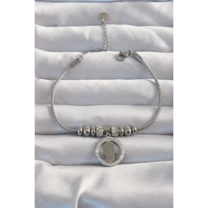 316L Çelik Gümüş Renk Zirkon Taş Aksesuarlı Fatma Ana Eli Bileklik