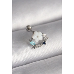 316L Çelik Gümüş Renk Zirkon Taş Detay Beyaz Çiçek Model Tragus Piercing
