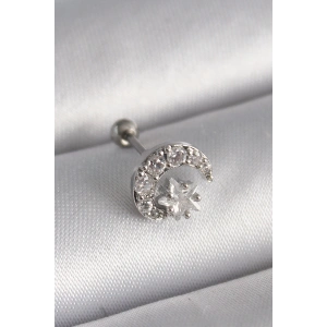 316L Çelik Gümüş Renk Zirkon Taşlı Ay Yıldız Tragus Piercing