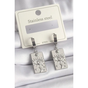 316L Çelik Gümüş Renk Zirkon Taşlı Göz İşleme Detaylı Plaka Model Kadın Küpe