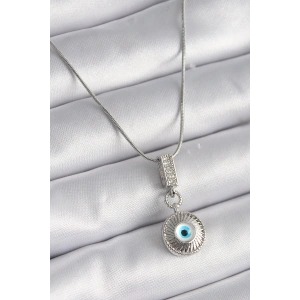 316L Çelik Gümüş Renk Zirkon Taşlı Nazar Boncuk Model Kadın Kolye