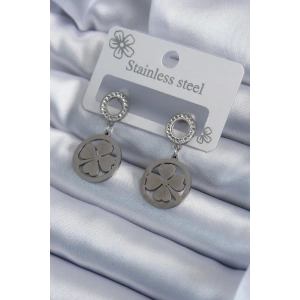 316L Çelik Gümüş Renk Zirkon Taşlı Yonca Model İşleme Detay Kadın Küpe