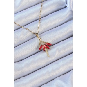 316L Çelik Zincir Altın Renk Kırmızı Etekli Zirkon Taşlı Balerin Kolye