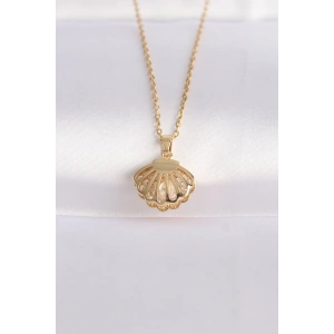 316L Çelik Zincir Altın Renk Zirkon Taşlı İnci Detay İstiridye Kolye