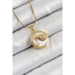 316L Çelik Zincir Beyaz Mineli Sanatsal Portre İstiridye Model Gold Renk Kadın Kolye