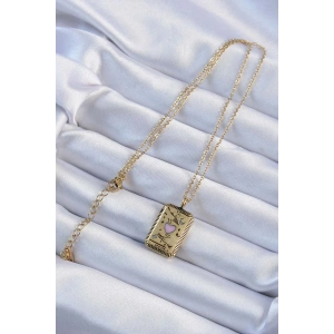 316L Çelik Zincir Eskitme Altın Renk Pembe Mineli Kalp Figürlü Tarot Kolye