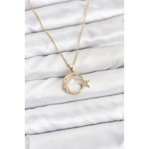 316L Çelik Zincir Gold Renk Ay Yıldız Model Zirkon Taşlı Kadın Kolye