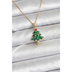 316L Çelik Zincir Gold Renk Çam Ağacı Model Yılbaşı Temalı Kadın Kolye
